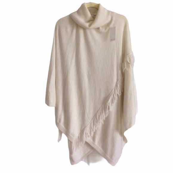 Ella Moss Fringed  Poncho cowl neckline Ivory - Picture 2 of 5